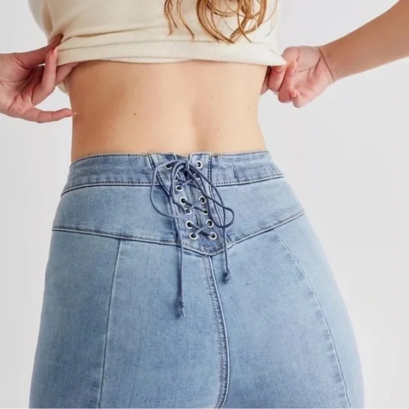 We The Free Free People CRVY Ma Cherie High Waist Lace Up Back Flare Jeans 31 - Picture 2 of 8